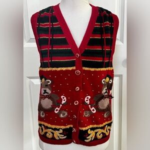 Vintage Christmas Bear Sweater Vest red and green holiday size medium